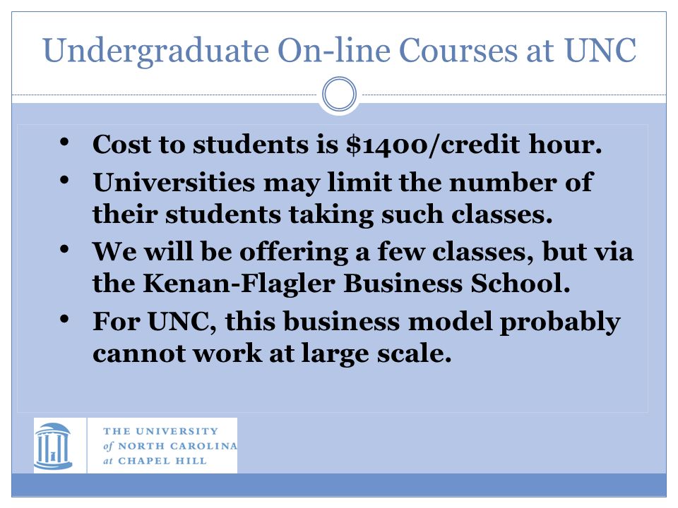 Undergraduate On-line Courses at UNC Cost to students is $1400/credit hour.