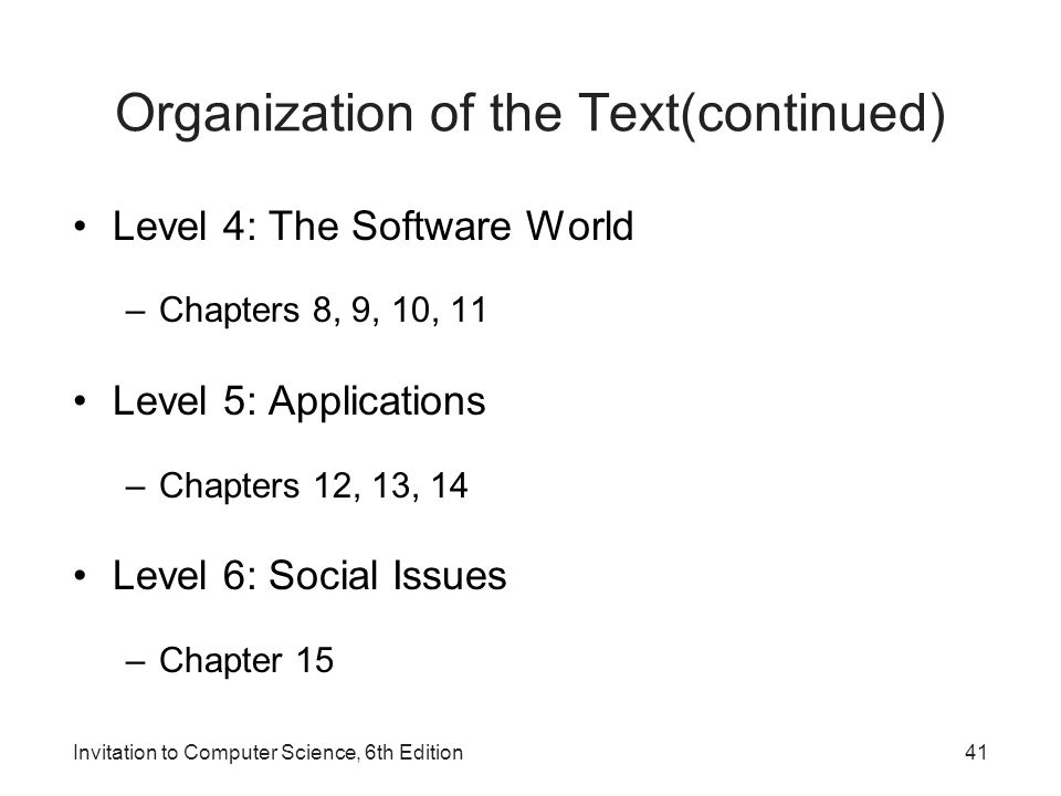 Invitation to Computer Science, 6th Edition Organization of the Text(continued) Level 4: The Software World –Chapters 8, 9, 10, 11 Level 5: Applications –Chapters 12, 13, 14 Level 6: Social Issues –Chapter 15 41
