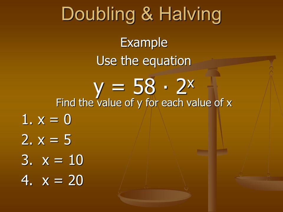 Doubling Halving Exponential Functions With Base 2 Exponential Growth Y A 2 X Y Is The Amount After X Doubling Periods A Is The Original Amount When Ppt Download Doubling Halving Exponential Functions With Base 2 Exponential Growth Y A 2 X Y Is The Amount After X Doubling Periods A Is The Original Amount When Ppt Download