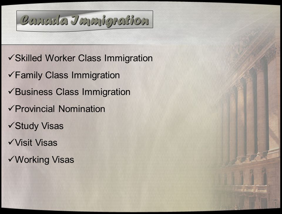 Canada Immigration Skilled Worker Class Immigration Family Class Immigration Business Class Immigration Provincial Nomination Study Visas Visit Visas Working Visas
