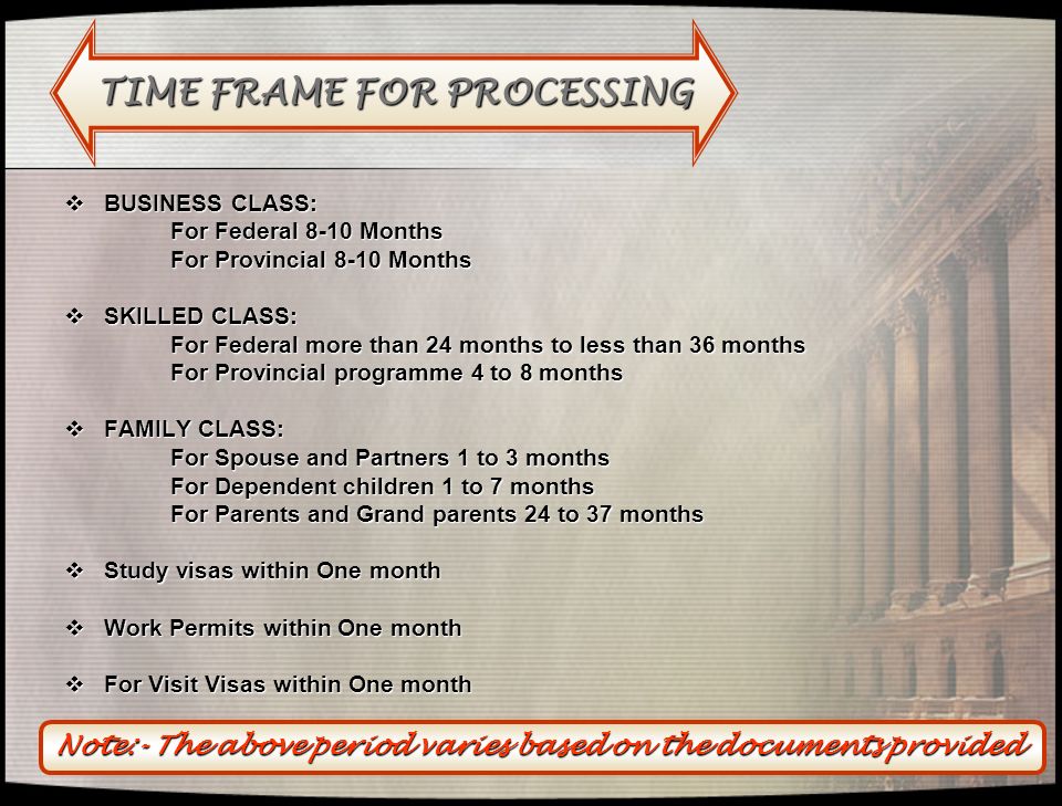 TIME FRAME FOR PROCESSING  BUSINESS CLASS: For Federal 8-10 Months For Provincial 8-10 Months  SKILLED CLASS: For Federal more than 24 months to less than 36 months For Provincial programme 4 to 8 months  FAMILY CLASS: For Spouse and Partners 1 to 3 months For Dependent children 1 to 7 months For Parents and Grand parents 24 to 37 months  Study visas within One month  Work Permits within One month  For Visit Visas within One month Note:- The above period varies based on the documents provided