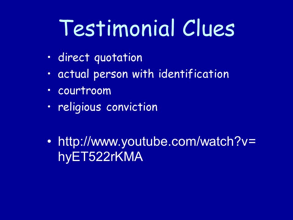 Testimonial Clues direct quotation actual person with identification courtroom religious conviction   v= hyET522rKMA