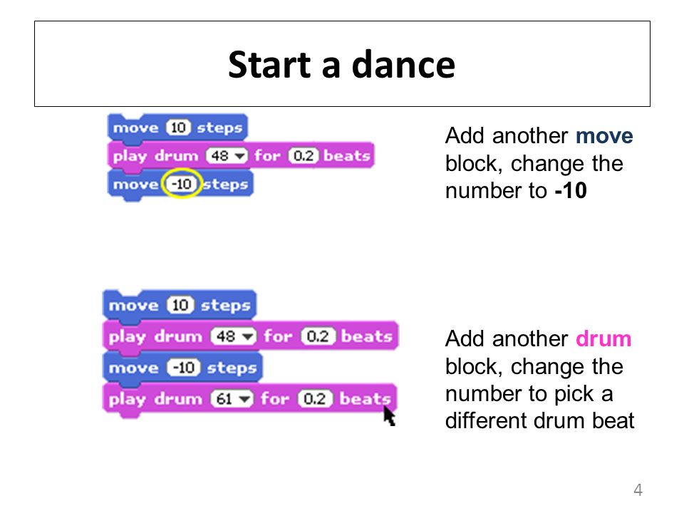 4 Start a dance Add another move block, change the number to -10 Add another drum block, change the number to pick a different drum beat