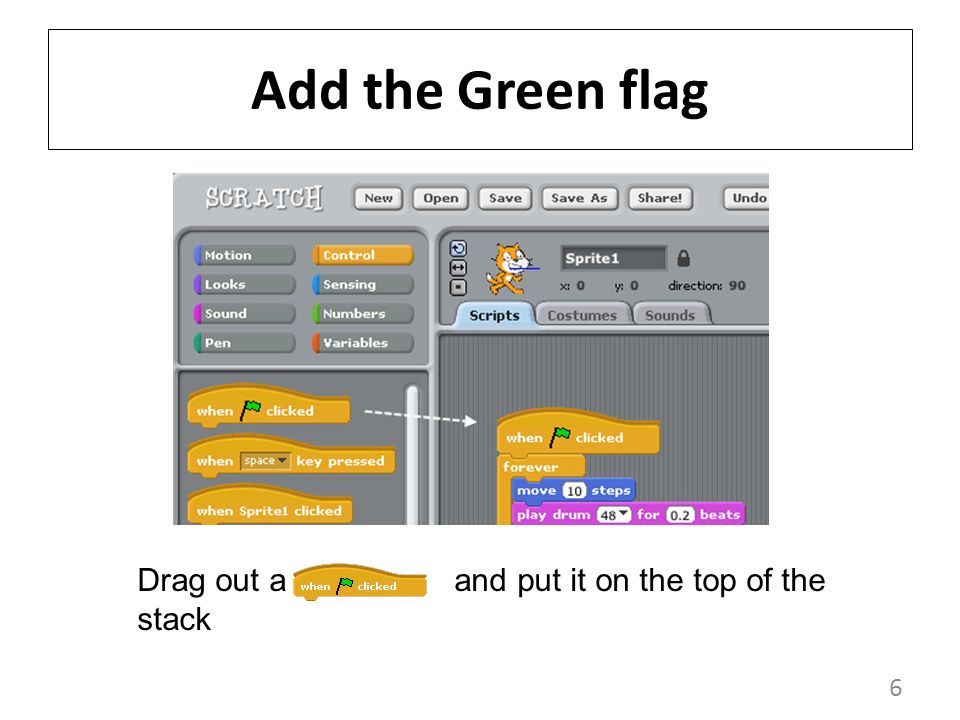6 Add the Green flag Drag out a and put it on the top of the stack