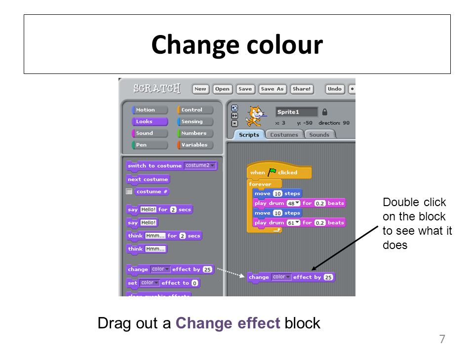 7 Change colour Drag out a Change effect block Double click on the block to see what it does