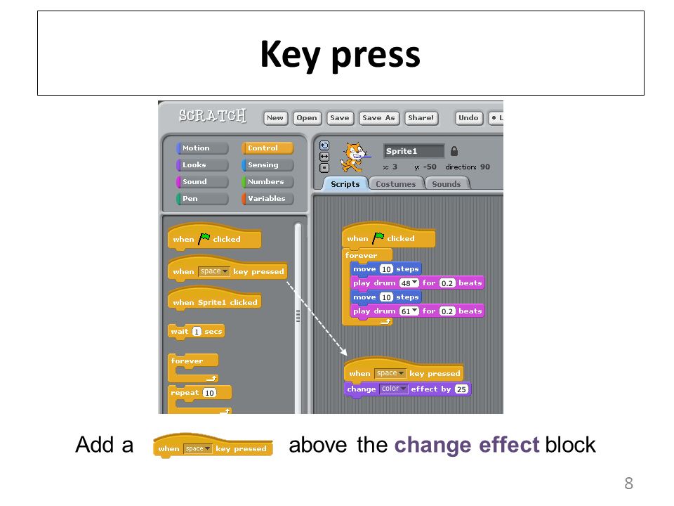 8 Key press Add a above the change effect block