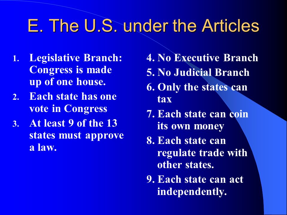 E. The U.S. under the Articles 1. Legislative Branch: Congress is made up of one house.