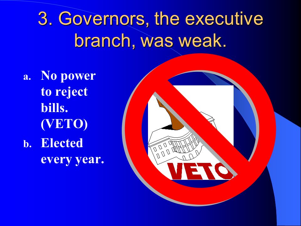 3. Governors, the executive branch, was weak. a.