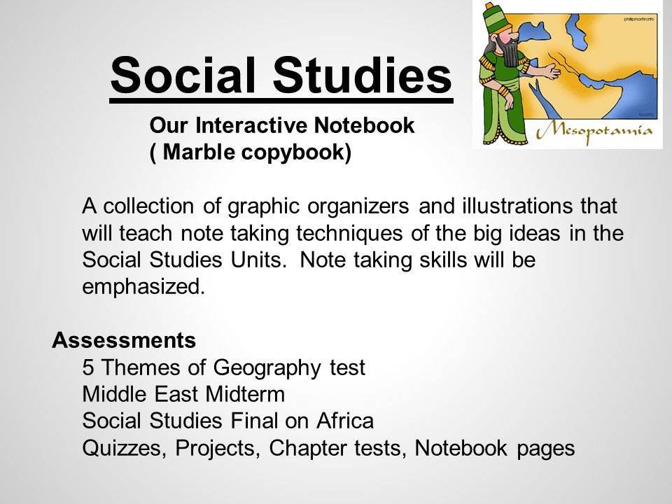 Our Interactive Notebook ( Marble copybook) A collection of graphic organizers and illustrations that will teach note taking techniques of the big ideas in the Social Studies Units.