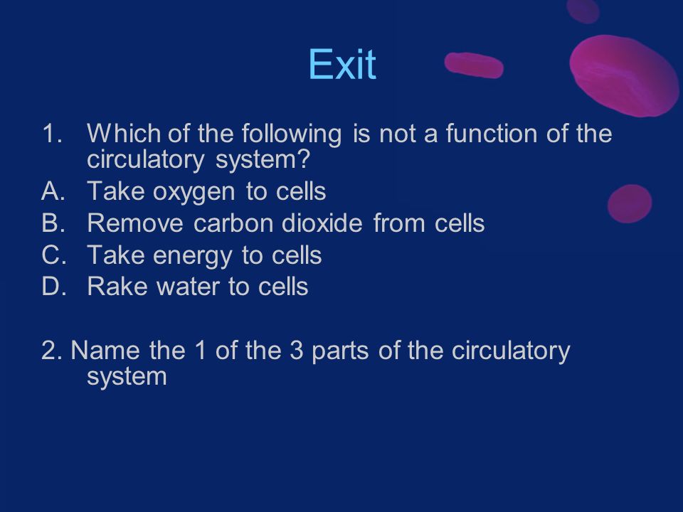 Exit 1.Which of the following is not a function of the circulatory system.