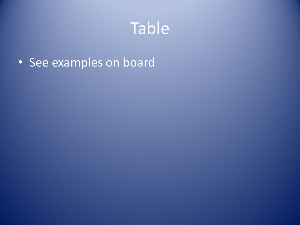 Table See examples on board