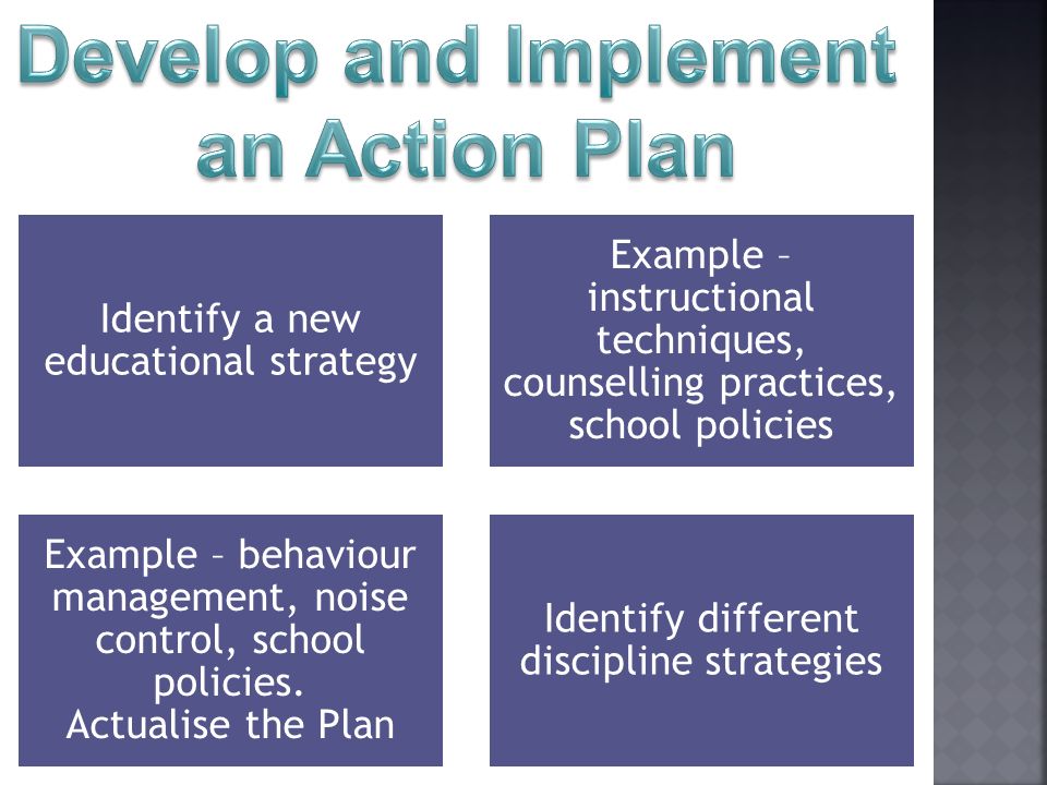 Identify a new educational strategy Example – instructional techniques, counselling practices, school policies Example – behaviour management, noise control, school policies.