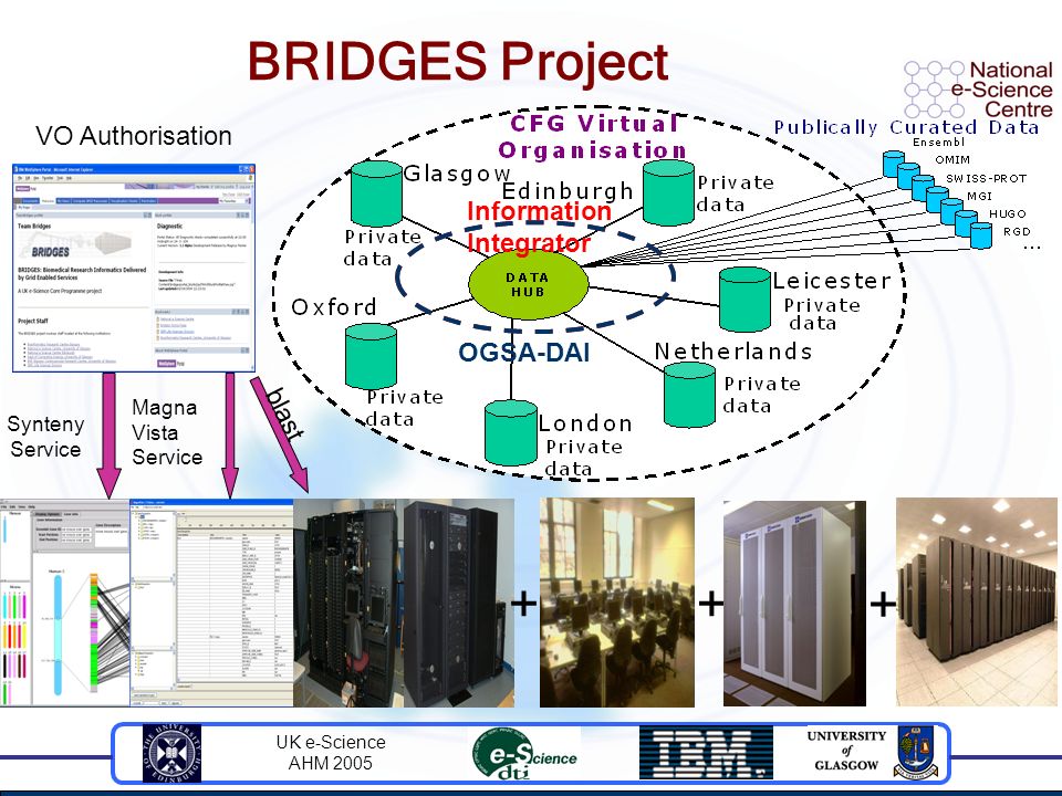 UK e-Science AHM 2005 BRIDGES Project Synteny Service Information Integrator OGSA-DAI Magna Vista Service VO Authorisation blast ++ +