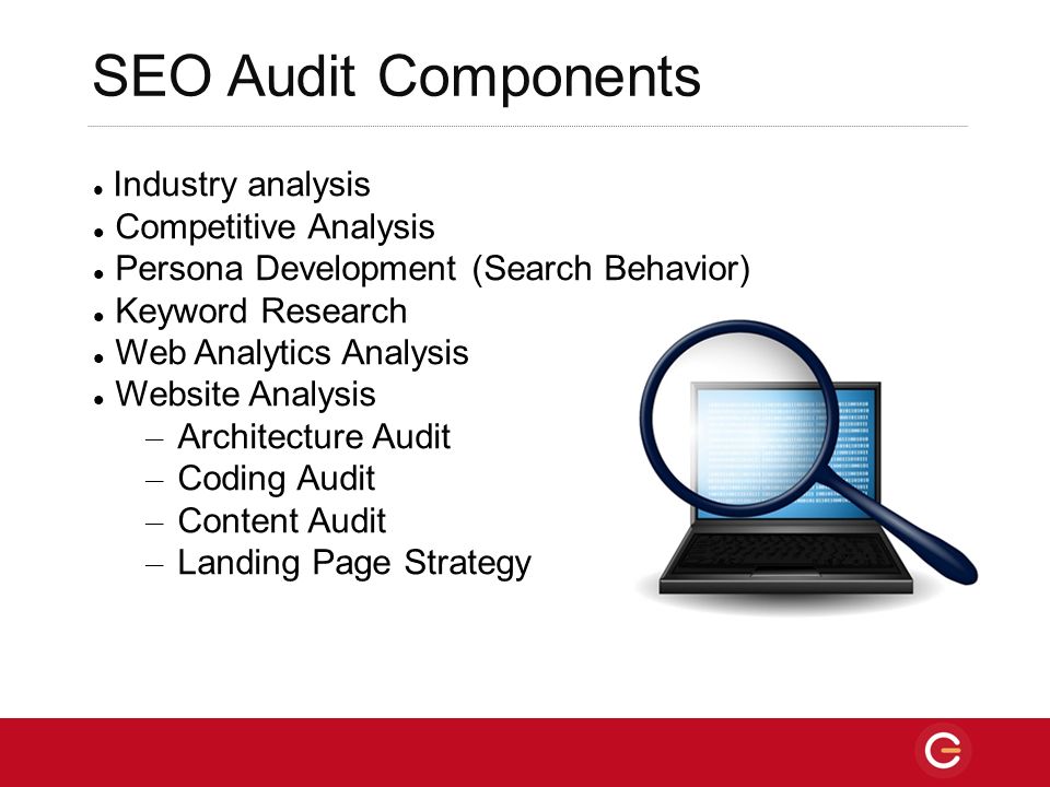 SEO Audit Components Industry analysis Competitive Analysis Persona Development (Search Behavior) Keyword Research Web Analytics Analysis Website Analysis – Architecture Audit – Coding Audit – Content Audit – Landing Page Strategy