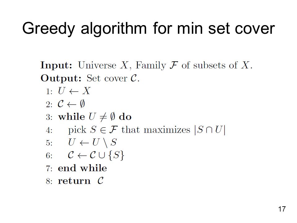 Greedy algorithm for min set cover 17