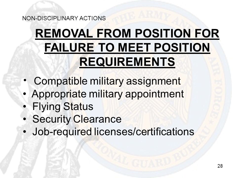 28 Compatible military assignment Appropriate military appointment Flying Status Security Clearance Job-required licenses/certifications REMOVAL FROM POSITION FOR FAILURE TO MEET POSITION REQUIREMENTS NON-DISCIPLINARY ACTIONS