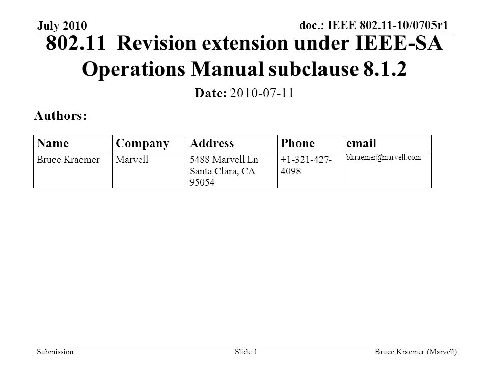 doc.: IEEE /0705r1 Submission July 2010 Bruce Kraemer (Marvell)Slide Revision extension under IEEE-SA Operations Manual subclause Date: Authors: