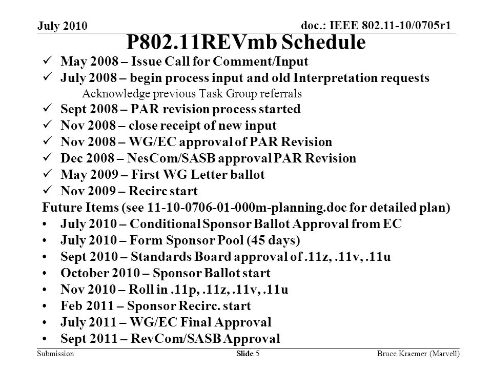 doc.: IEEE /0705r1 Submission July 2010 Bruce Kraemer (Marvell)Slide 5 P802.11REVmb Schedule May 2008 – Issue Call for Comment/Input July 2008 – begin process input and old Interpretation requests Acknowledge previous Task Group referrals Sept 2008 – PAR revision process started Nov 2008 – close receipt of new input Nov 2008 – WG/EC approval of PAR Revision Dec 2008 – NesCom/SASB approval PAR Revision May 2009 – First WG Letter ballot Nov 2009 – Recirc start Future Items (see m-planning.doc for detailed plan) July 2010 – Conditional Sponsor Ballot Approval from EC July 2010 – Form Sponsor Pool (45 days) Sept 2010 – Standards Board approval of.11z,.11v,.11u October 2010 – Sponsor Ballot start Nov 2010 – Roll in.11p,.11z,.11v,.11u Feb 2011 – Sponsor Recirc.