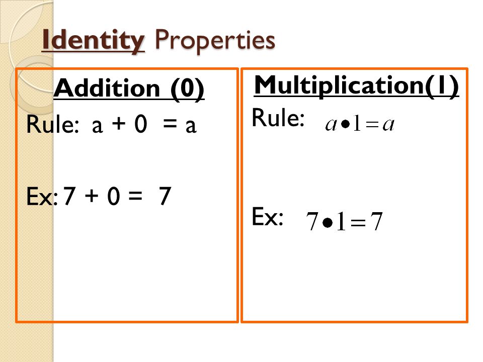 Identity Properties Addition (0) Rule: a + 0 = a Ex: = 7 Multiplication(1) Rule: Ex: