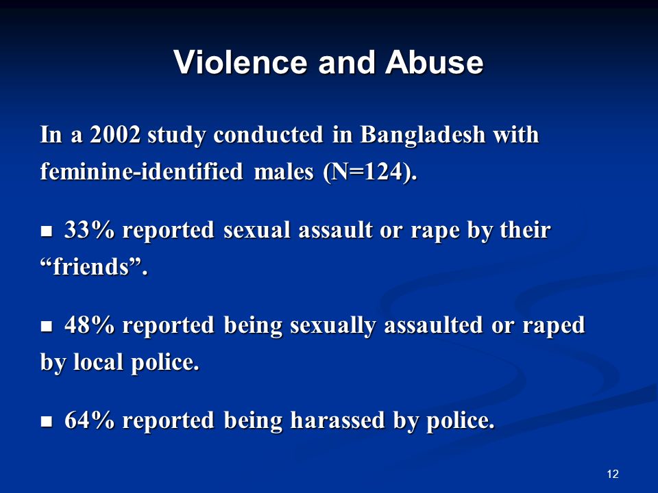 12 Violence and Abuse In a 2002 study conducted in Bangladesh with feminine-identified males (N=124).