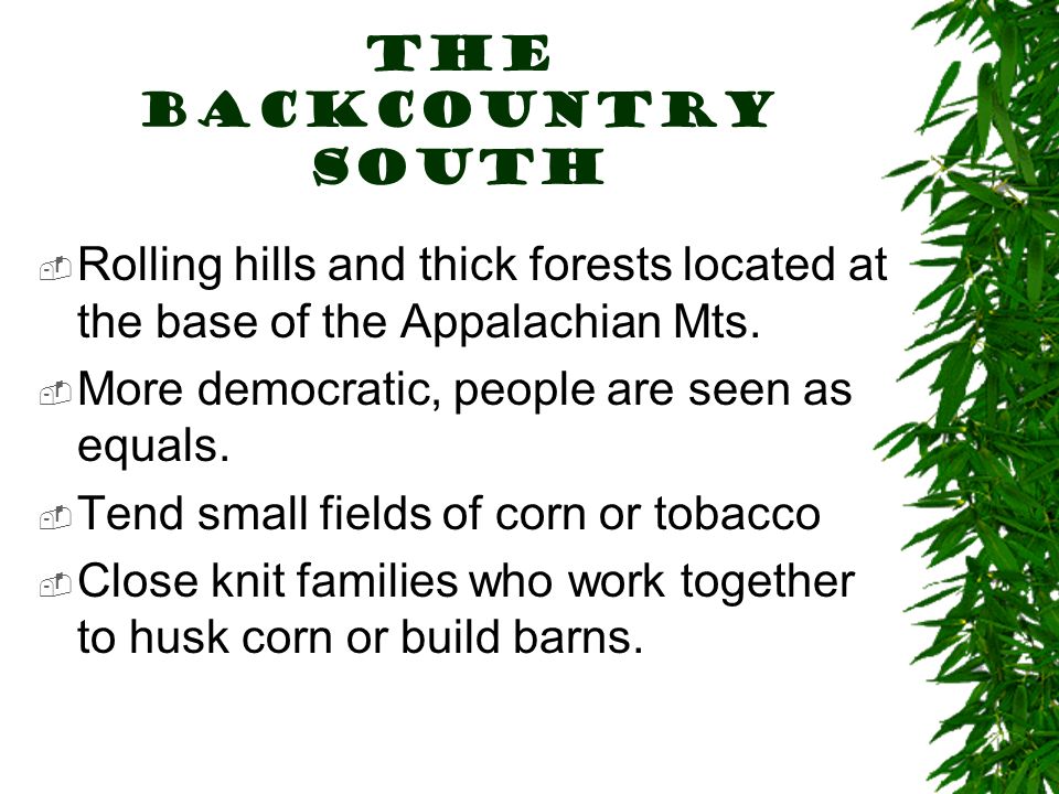 The Backcountry South  Rolling hills and thick forests located at the base of the Appalachian Mts.