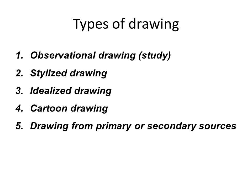 Types of drawing 1.Observational drawing (study) 2.Stylized drawing 3.Idealized drawing 4.Cartoon drawing 5.Drawing from primary or secondary sources