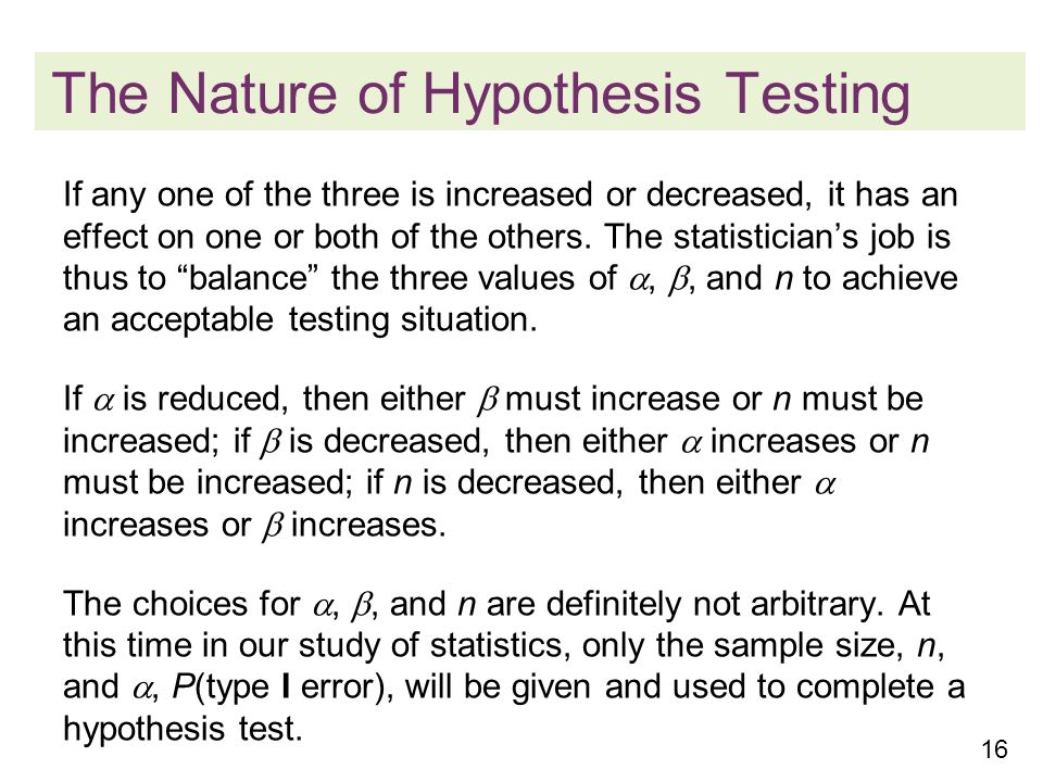 16 The Nature of Hypothesis Testing If any one of the three is increased or decreased, it has an effect on one or both of the others.