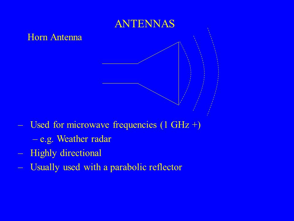 Horn Antenna ANTENNAS –Used for microwave frequencies (1 GHz +) – e.g.