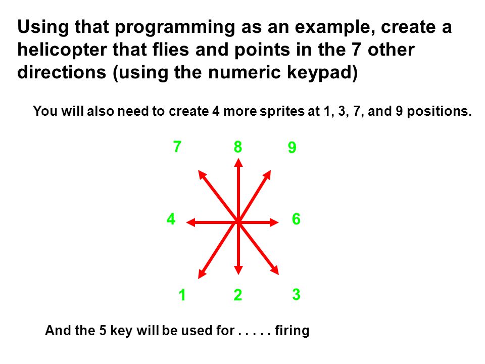 Using that programming as an example, create a helicopter that flies and points in the 7 other directions (using the numeric keypad) And the 5 key will be used for.....