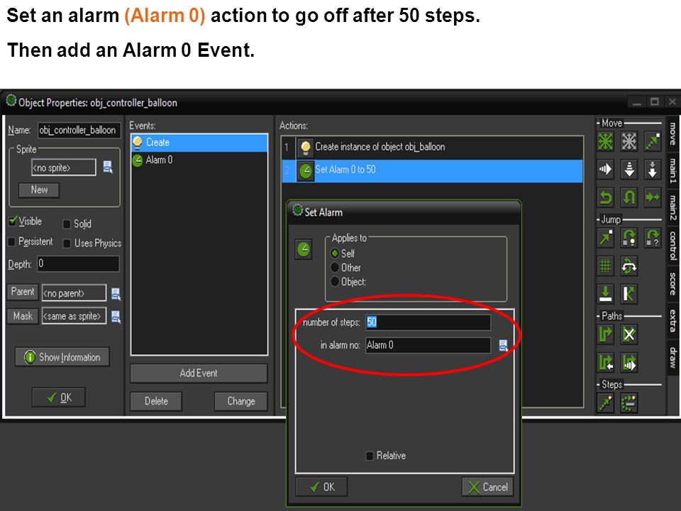Set an alarm (Alarm 0) action to go off after 50 steps. Then add an Alarm 0 Event.