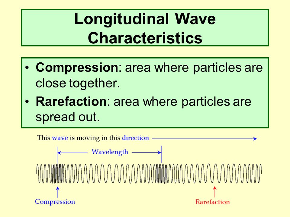 Longitudinal Wave Characteristics Compression: area where particles are close together.