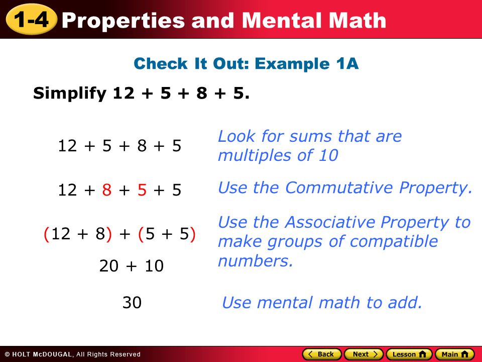 1-4 Properties and Mental Math Check It Out: Example 1A Simplify