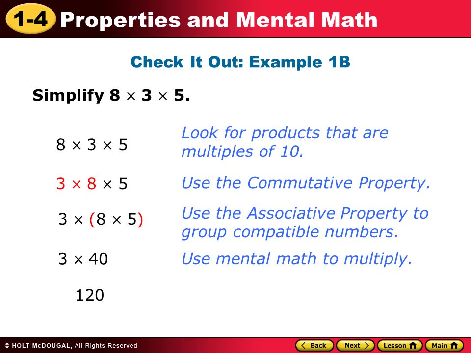 1-4 Properties and Mental Math Check It Out: Example 1B Simplify 8  3  5.