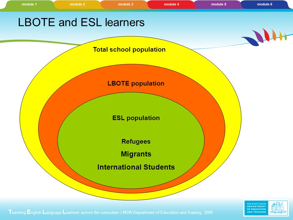 T eaching E nglish L anguage L earners across the curriculum | NSW Department of Education and Training, 2009 Total school population LBOTE population ESL population Refugees Migrants International Students LBOTE and ESL learners