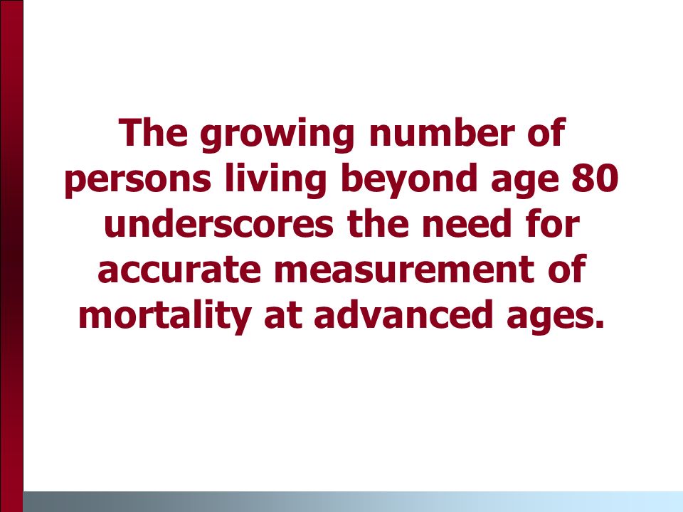 The growing number of persons living beyond age 80 underscores the need for accurate measurement of mortality at advanced ages.