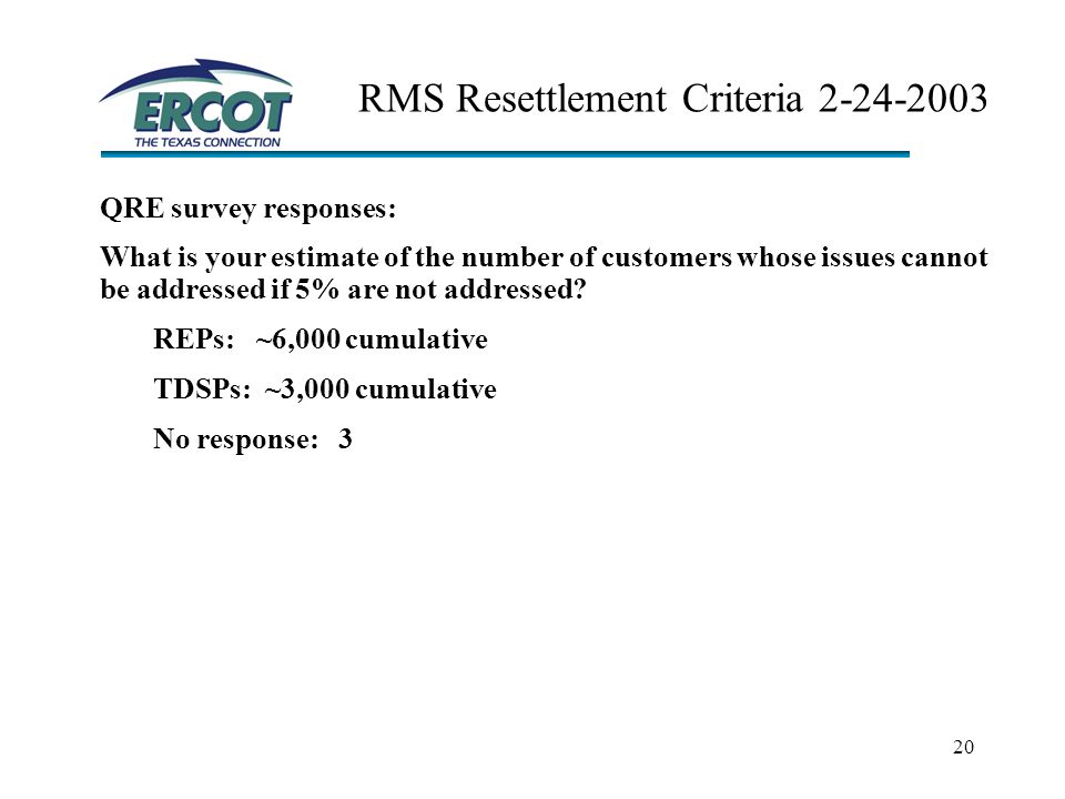 20 RMS Resettlement Criteria QRE survey responses: What is your estimate of the number of customers whose issues cannot be addressed if 5% are not addressed.