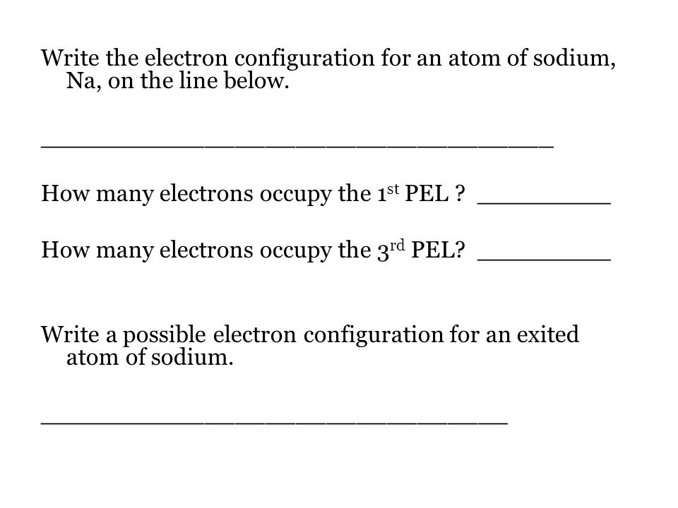 Write the electron configuration for an atom of sodium, Na, on the line below.