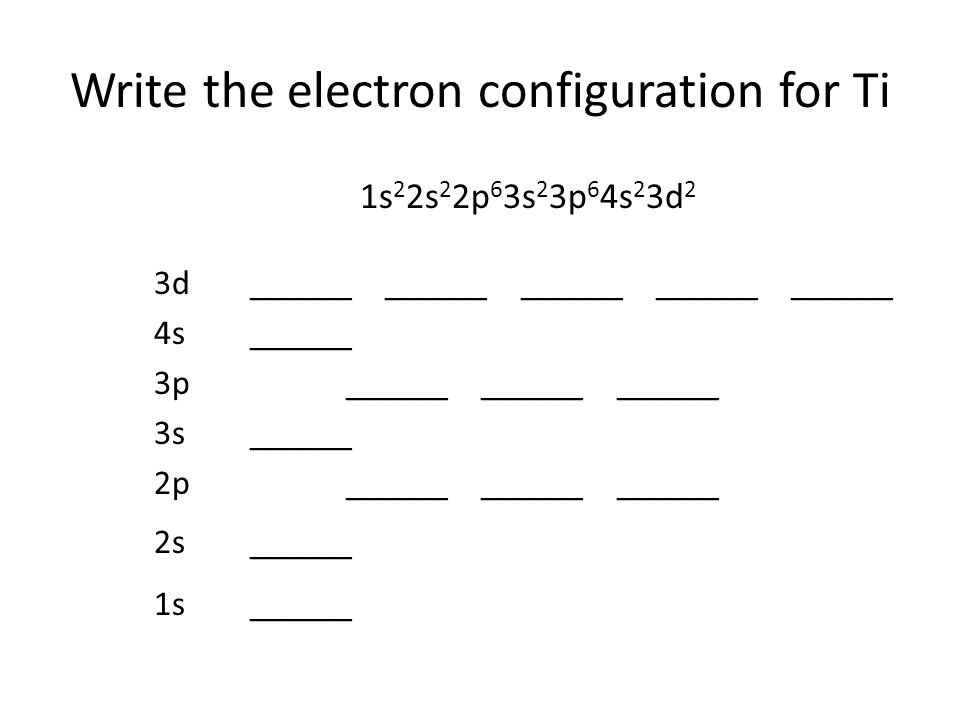 Write the electron configuration for Ti 1s 2 2s 2 2p 6 3s 2 3p 6 4s 2 3d 2 3d______ ______ ______ ______ ______ 4s______ 3p______ ______ ______ 3s______ 2p______ ______ ______ 2s______ 1s______