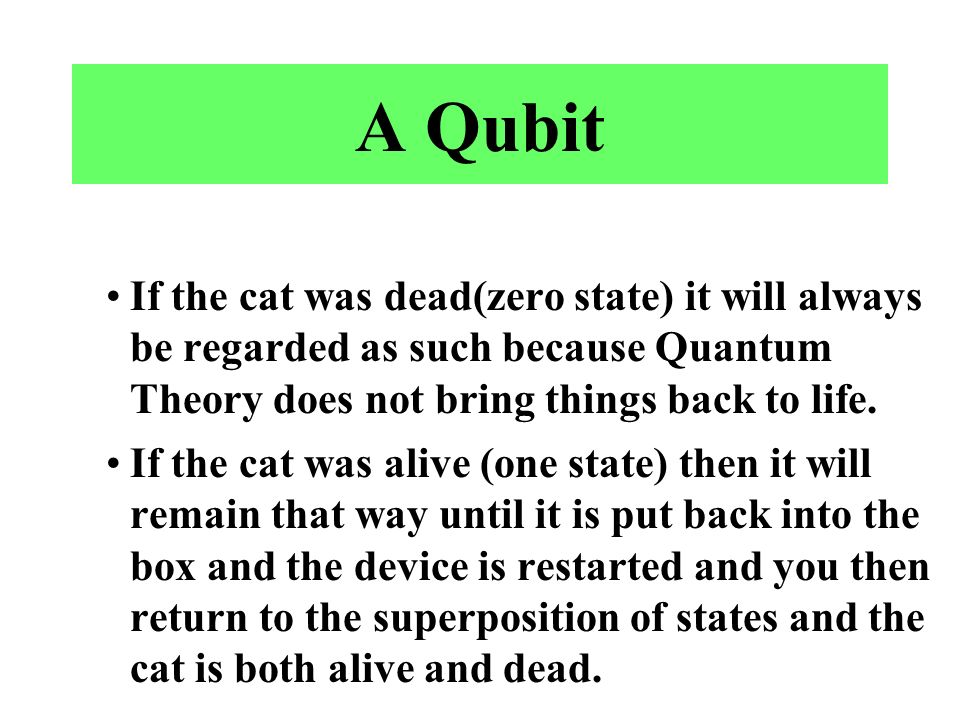 A Qubit If the cat was dead(zero state) it will always be regarded as such because Quantum Theory does not bring things back to life.