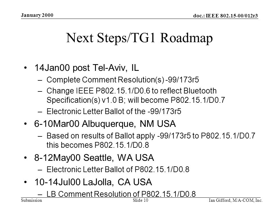 doc.: IEEE /012r3 Submission January 2000 Ian Gifford, M/A-COM, Inc.Slide 10 Next Steps/TG1 Roadmap 14Jan00 post Tel-Aviv, IL –Complete Comment Resolution(s) -99/173r5 –Change IEEE P /D0.6 to reflect Bluetooth Specification(s) v1.0 B; will become P /D0.7 –Electronic Letter Ballot of the -99/173r5 6-10Mar00 Albuquerque, NM USA –Based on results of Ballot apply -99/173r5 to P /D0.7 this becomes P /D May00 Seattle, WA USA –Electronic Letter Ballot of P /D Jul00 LaJolla, CA USA –LB Comment Resolution of P /D0.8