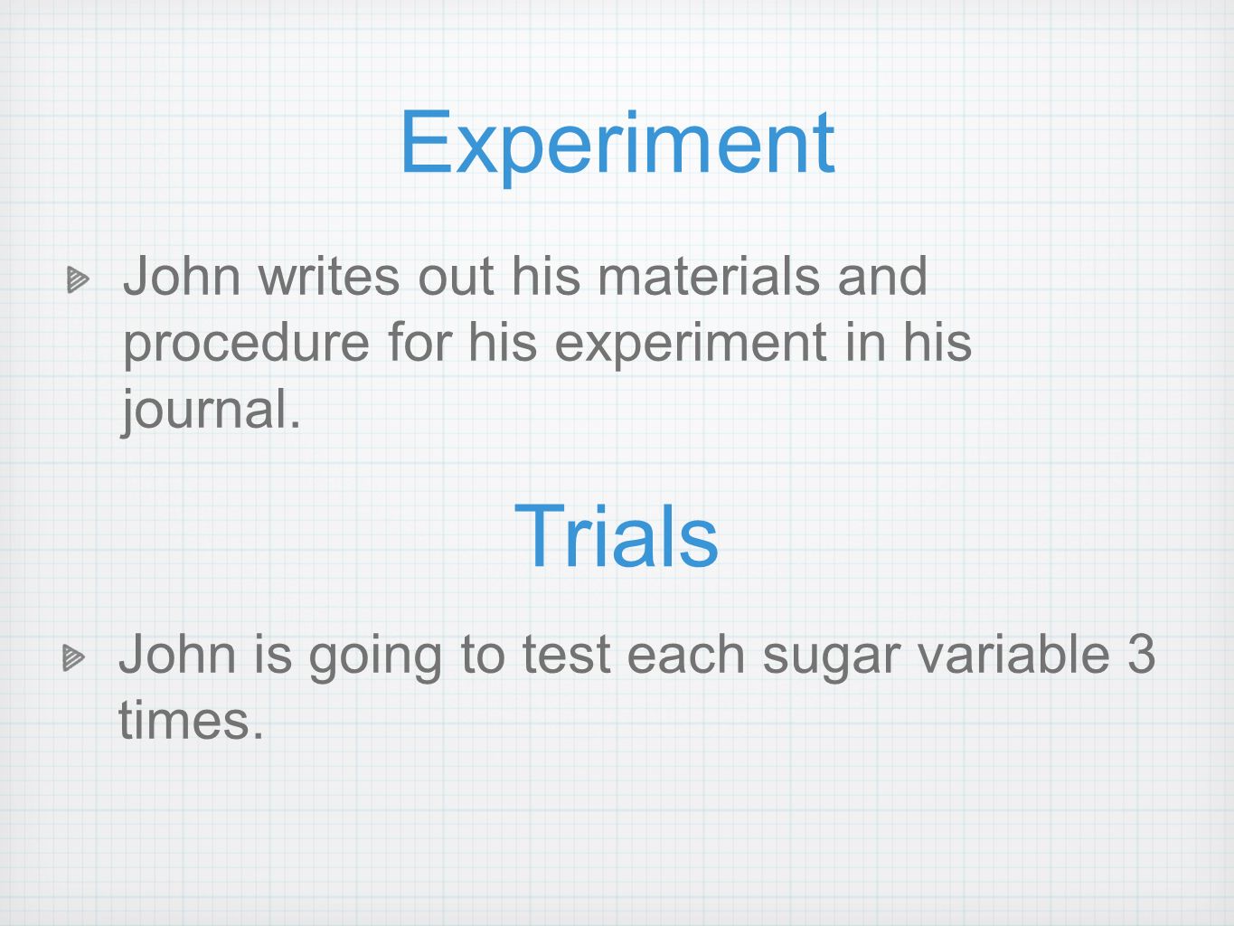 Experiment John writes out his materials and procedure for his experiment in his journal.