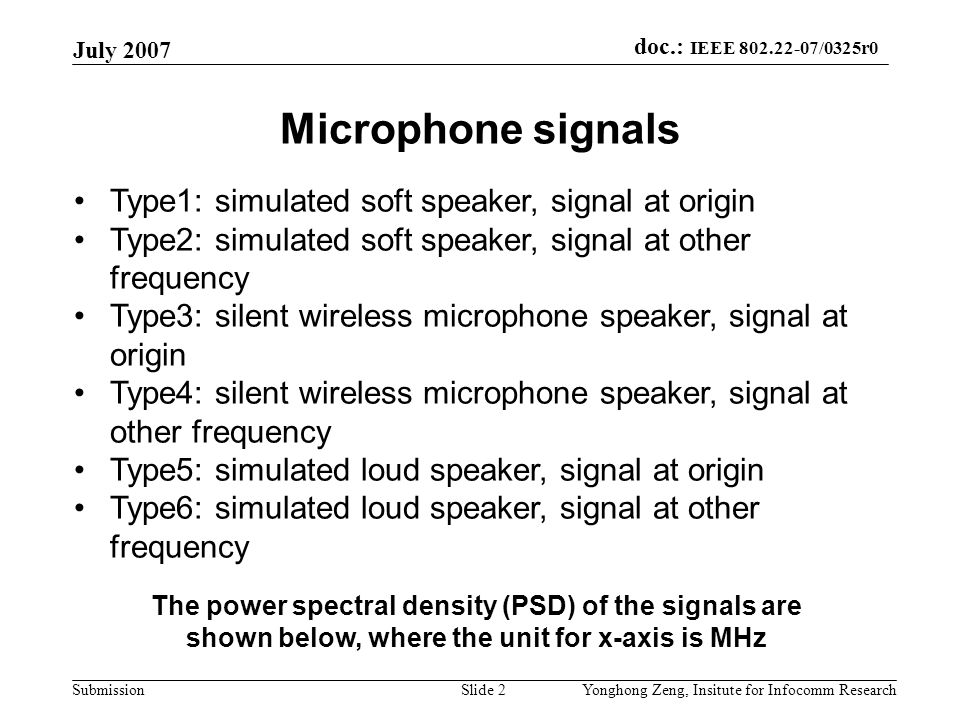 doc.: IEEE /0325r0 Submission July 2007 Yonghong Zeng, Insitute for Infocomm ResearchSlide 2 Microphone signals Type1: simulated soft speaker, signal at origin Type2: simulated soft speaker, signal at other frequency Type3: silent wireless microphone speaker, signal at origin Type4: silent wireless microphone speaker, signal at other frequency Type5: simulated loud speaker, signal at origin Type6: simulated loud speaker, signal at other frequency The power spectral density (PSD) of the signals are shown below, where the unit for x-axis is MHz