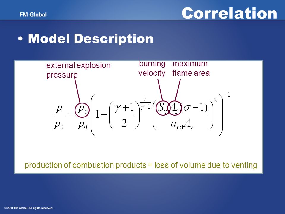 Correlation Model Description burning velocity maximum flame area external explosion pressure production of combustion products = loss of volume due to venting