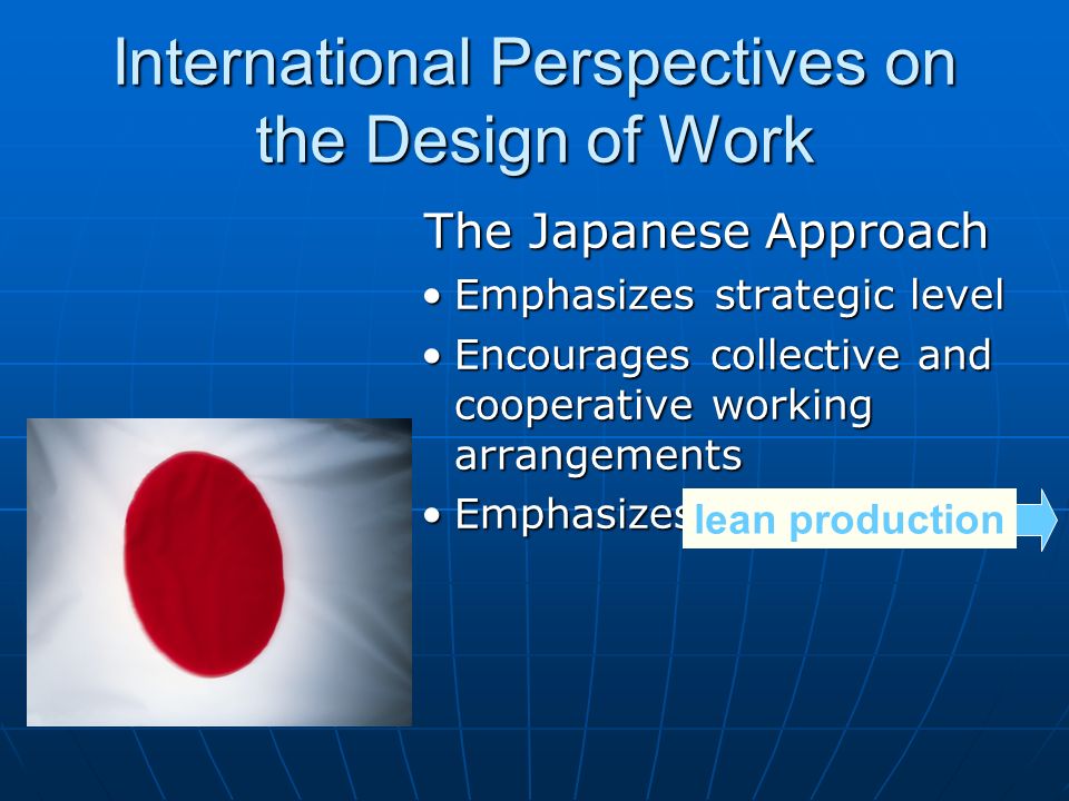 International Perspectives on the Design of Work The Japanese Approach The Japanese Approach Emphasizes strategic levelEmphasizes strategic level Encourages collective and cooperative working arrangementsEncourages collective and cooperative working arrangements EmphasizesEmphasizes lean production