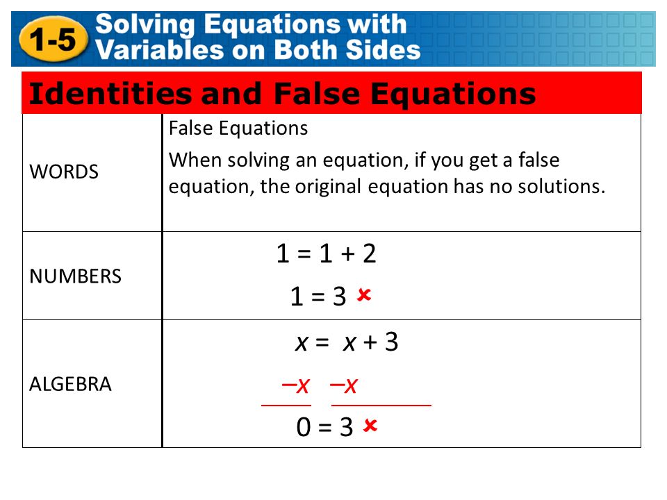 False Equations When solving an equation, if you get a false equation, the original equation has no solutions.