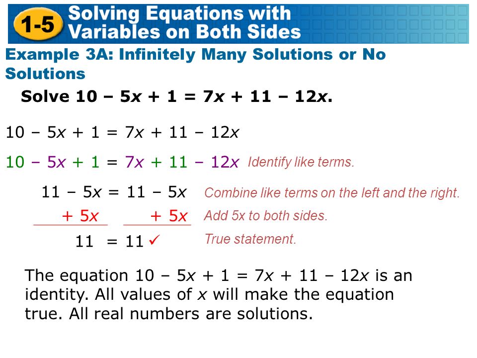 Solve 10 – 5x + 1 = 7x + 11 – 12x.
