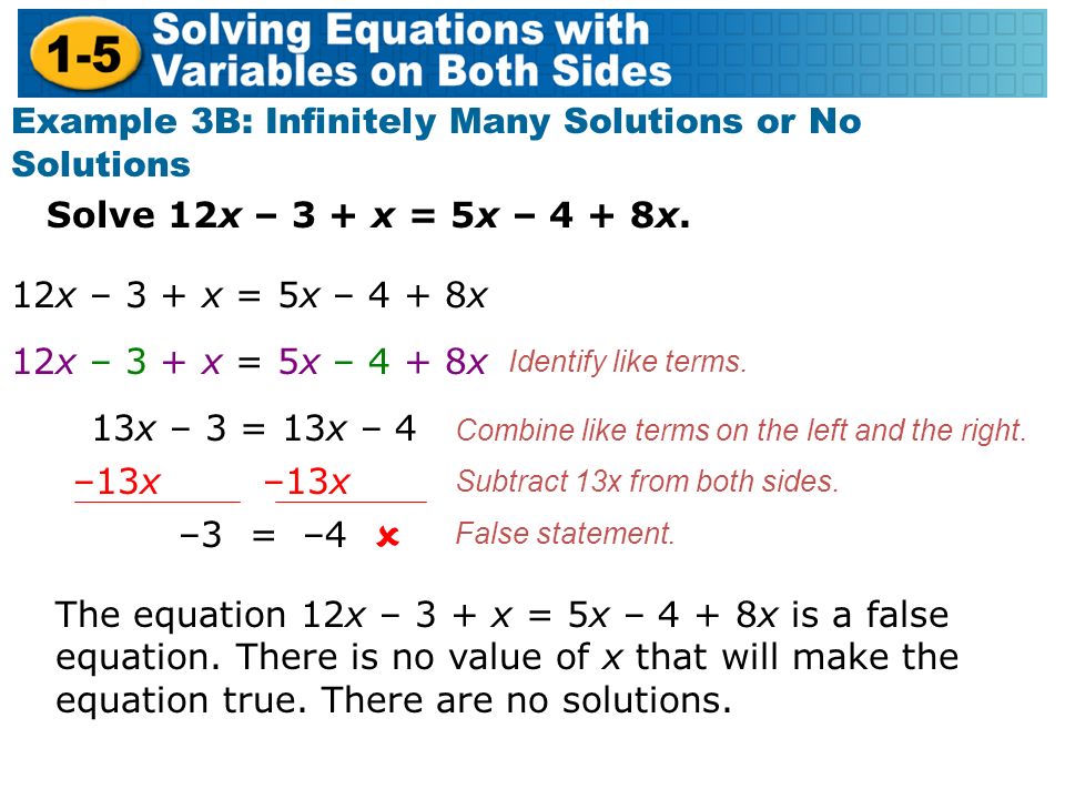 Solve 12x – 3 + x = 5x – 4 + 8x.
