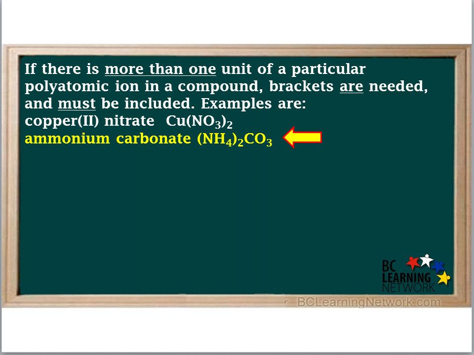 If there is more than one unit of a particular polyatomic ion in a compound, brackets are needed, and must be included.