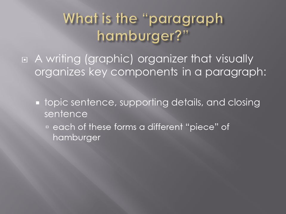  A writing (graphic) organizer that visually organizes key components in a paragraph:  topic sentence, supporting details, and closing sentence  each of these forms a different piece of hamburger