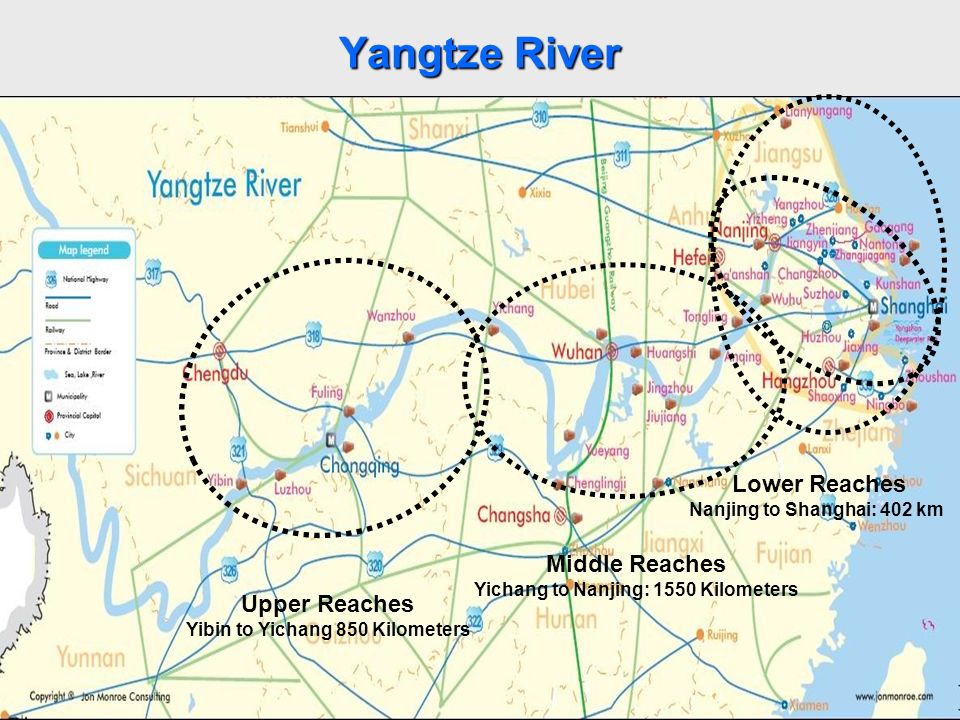 6 Yangtze River Upper Reaches Yibin to Yichang 850 Kilometers Middle Reaches Yichang to Nanjing: 1550 Kilometers Lower Reaches Nanjing to Shanghai: 402 km